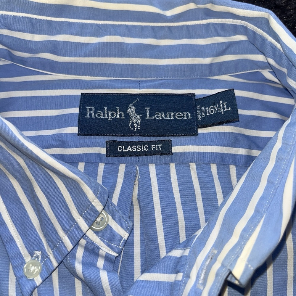 Ralph Lauren Shirt Men's L 16.6 Blue Striped Long Sleeve Button Pink Pony - Picture 4 of 12